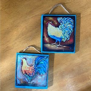 2 Cute unique Rooster hanging wooden painted pictures